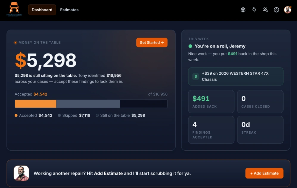 Truck Hero dashboard showing $5,298 recovered on a commercial truck estimate
