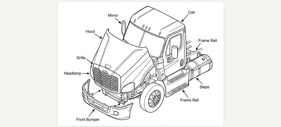 Labeled truck diagram inside the Explainer, calling out the hood, grille, headlamps, frame rails and cab