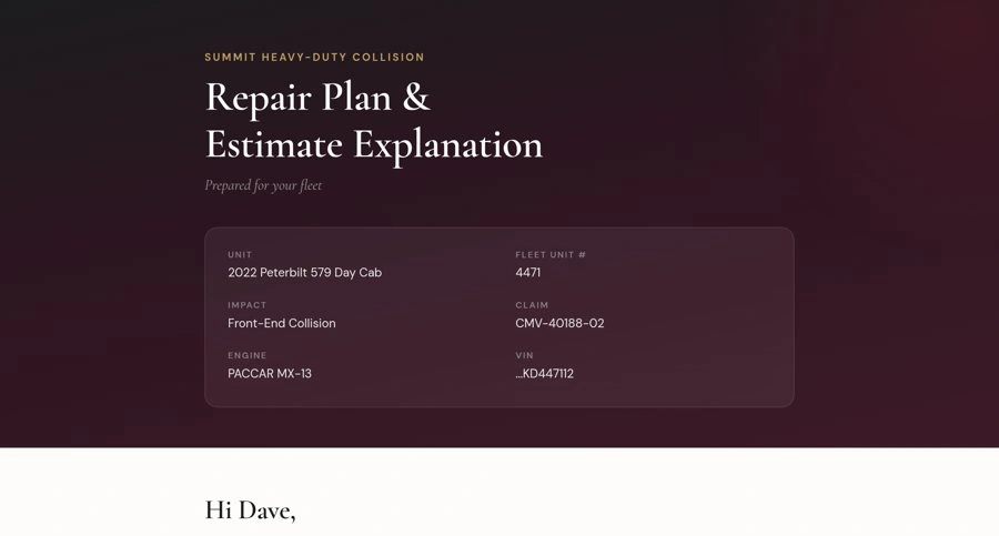 Shop-branded header of the Explainer listing unit number, claim, engine and VIN
