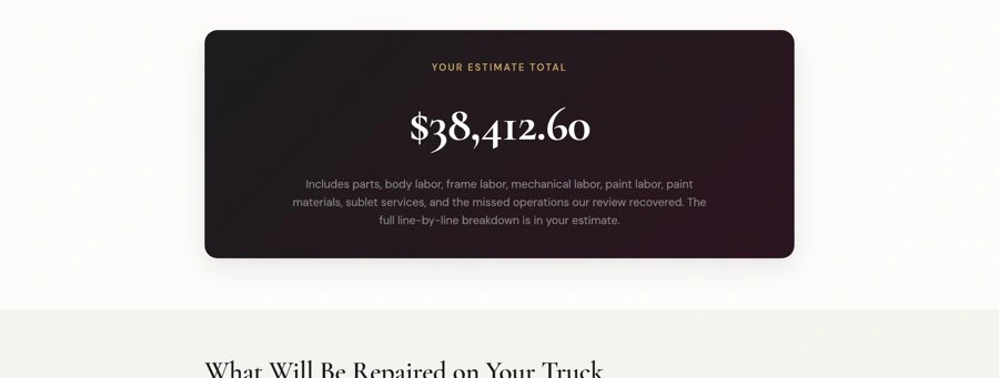 Close-up of the Explainer's estimate total, $38,412.66, shown with the full repair scope