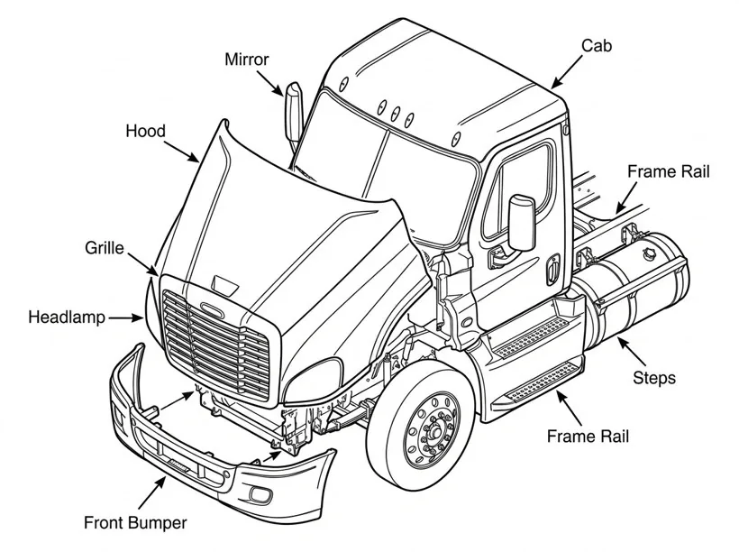 Labeled line drawing of a day-cab tractor showing the hood, grille, cab, mirror, frame rails and front bumper