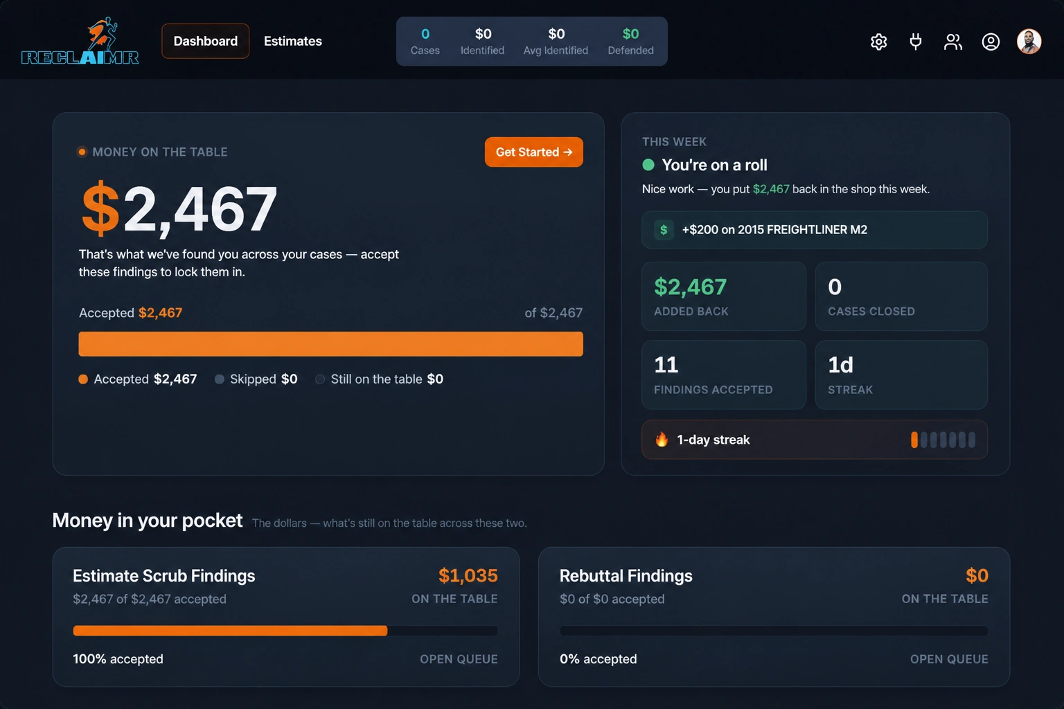 Truck Hero results screen showing $2,467 added back to a commercial truck estimate