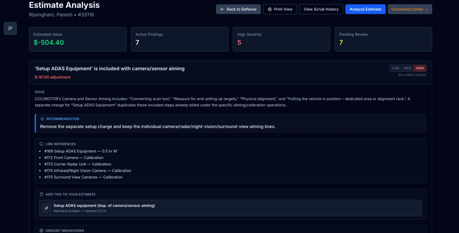 Truck Hero estimate analysis listing the operations missing from a commercial truck estimate