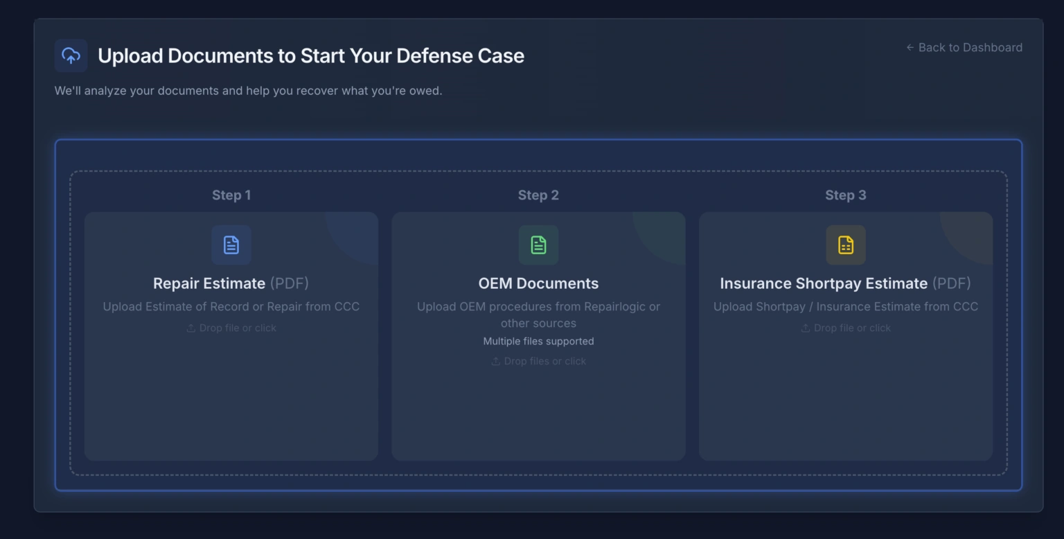 Truck Hero upload screen for starting a new defense case from an AdjustRite estimate